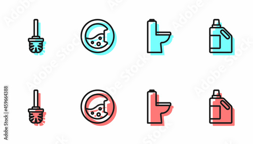 Set line Toilet bowl, brush, Washer and Bottle for cleaning agent icon. Vector