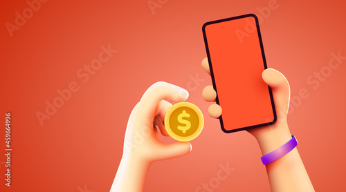 Easy online payments concept with cartoon 3D hand, phone and coin, Business and money. Online shopping.