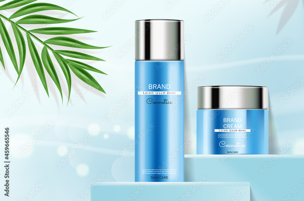 Skin care blue cosmetics bottles vector realistic. Product placement