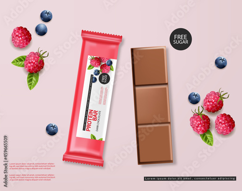 Raspberry chocolate protein bar vector realistic. product placement mock up. ...