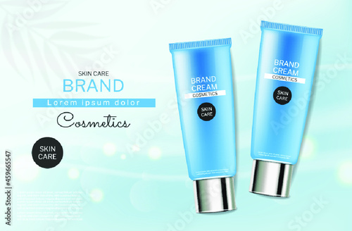Skin care blue cosmetics bottles vector realistic. Product placement. Abstrac...