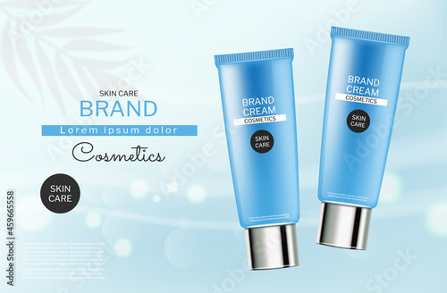 Skin care blue cosmetics bottles vector realistic. Product placement. Abstrac...