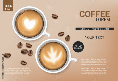Coffee cup and beans vector realistic. White cups with foam. Product placment...