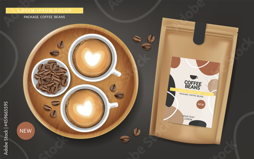 Coffee beans in a bag vector realistic. Product placment coffee cup foam top ...