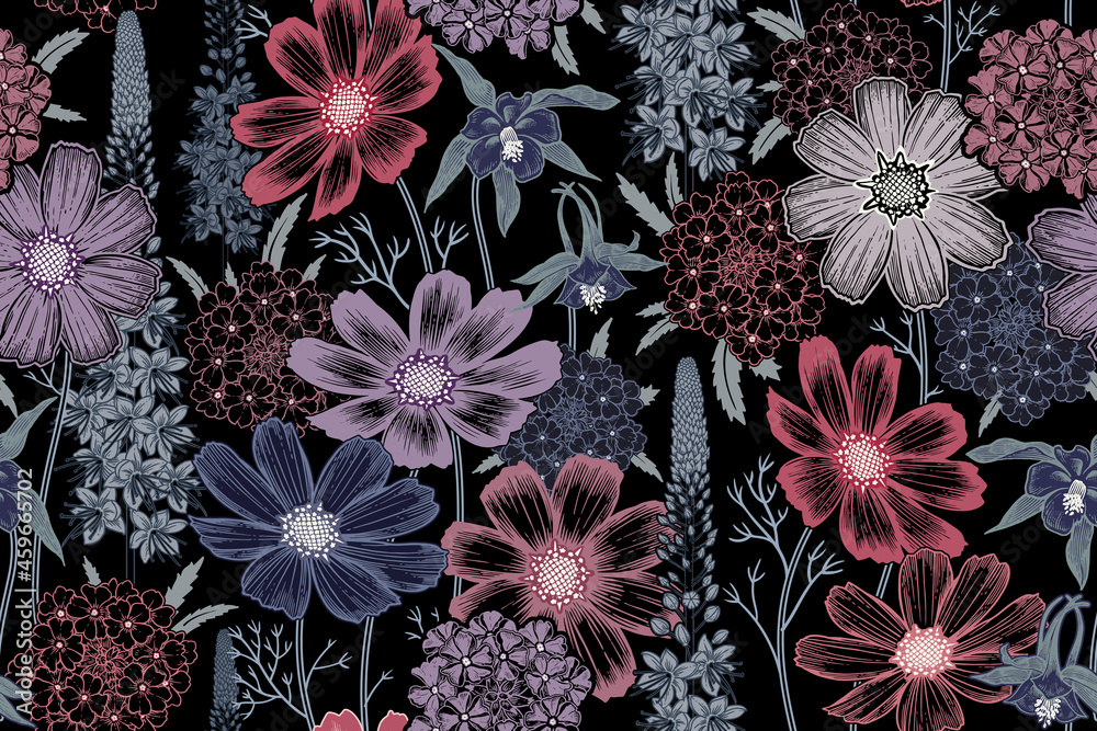 Flower seamless colourful spring floral pattern. Vintage vector. - obrazy, fototapety, plakaty 