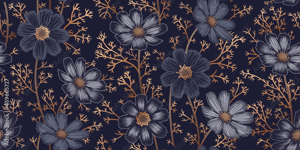 Seamless spring floral pattern. Garden flowers chamomile. Vintage vector. - obrazy, fototapety, plakaty 