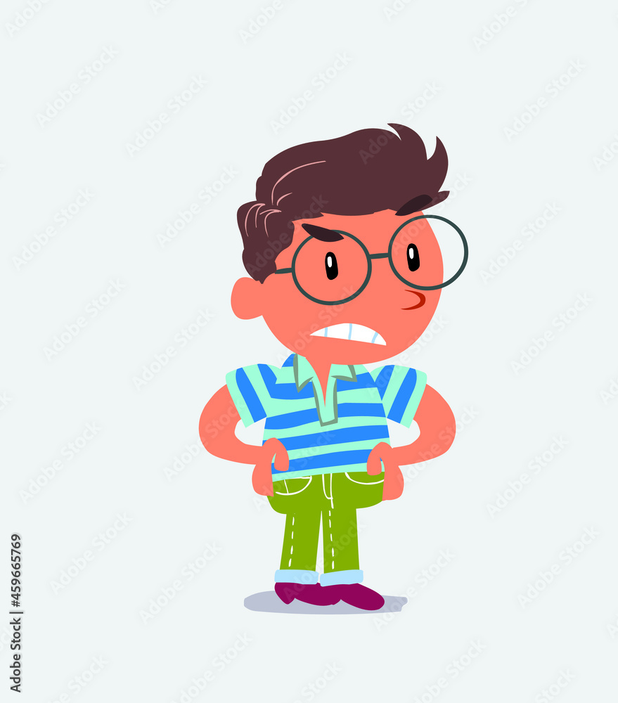 Angry cartoon character of little boy on jeans.
