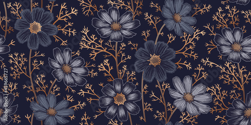 Seamless spring floral pattern. Garden flowers chamomile. Vintage vector.
