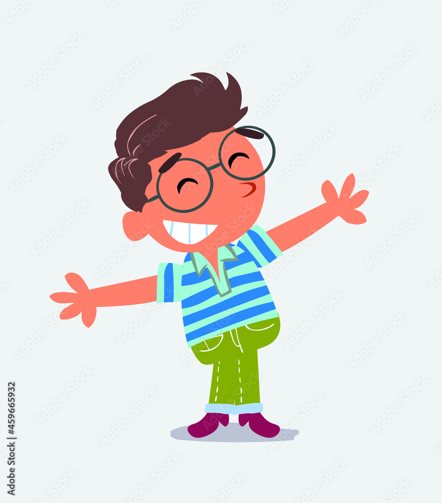 cartoon character of little boy on jeans opening arms very happy. cartoon character of little boy on jeans opening arms very happy.