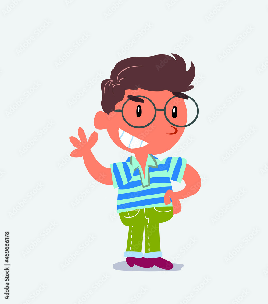cartoon character of little boy on jeans waving while smiling. cartoon character of little boy on jeans waving while smiling.