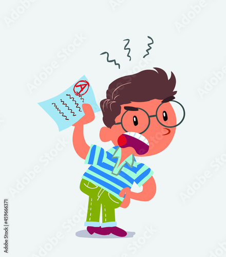 little boy on jeans waving a exam angrily.