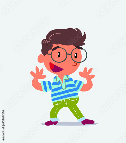 Pleasantly surprised cartoon character of little boy on jeans.