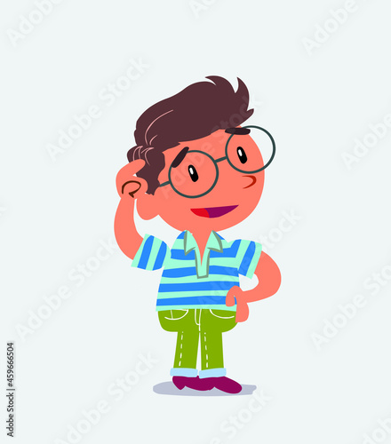 Thoughtful cartoon character of little boy on jeans scratching his head.