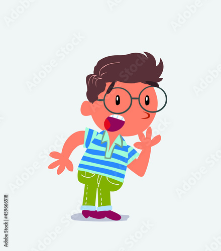 Unpleasantly surprised cartoon character of little boy on jeans looks to the side.