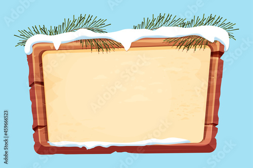Wood planks with parchment paper, snow and pine branches in cartoon style isolated on white background. Frame, holiday panel, menu. Empty gui asset, signboard. Vector illustration