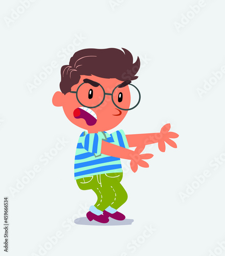 Very angry cartoon character of little boy on jeans pointing at something at side.