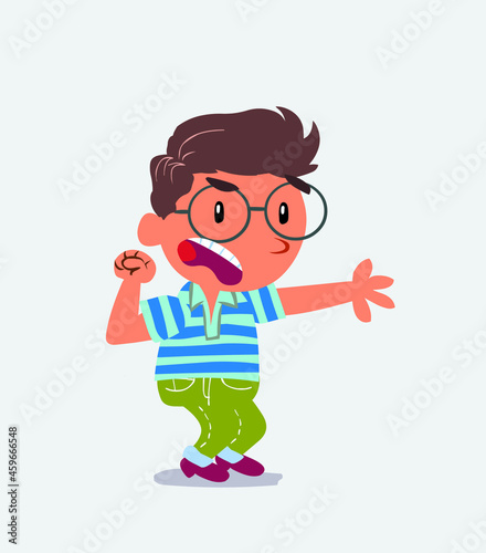 Very angry cartoon character of little boy on jeans pointing at something.