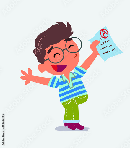 very happy cartoon character of little boy on jeans with a exam in hand.