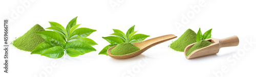green tea leaf and matcha green tea powde on white background photo