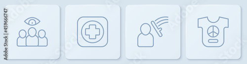 Set line Spy, agent, Police beat human, Hospital signboard and Peace. White square button. Vector