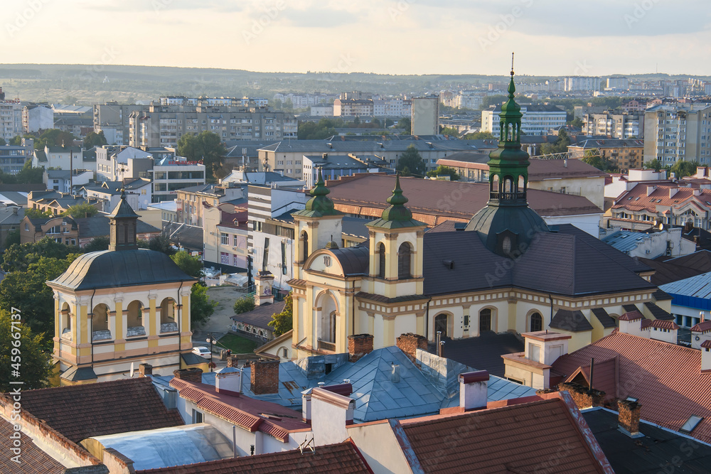 Obraz premium View to historic center and Roman Catholic Church of Virgin Mary from City Hall building. Ivano-Frankivsk, Ukraine