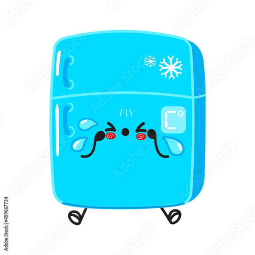 Cute sad and crying fridge character. Vector hand drawn cartoon kawaii character illustration icon. Isolated on white background. Fridge character concept