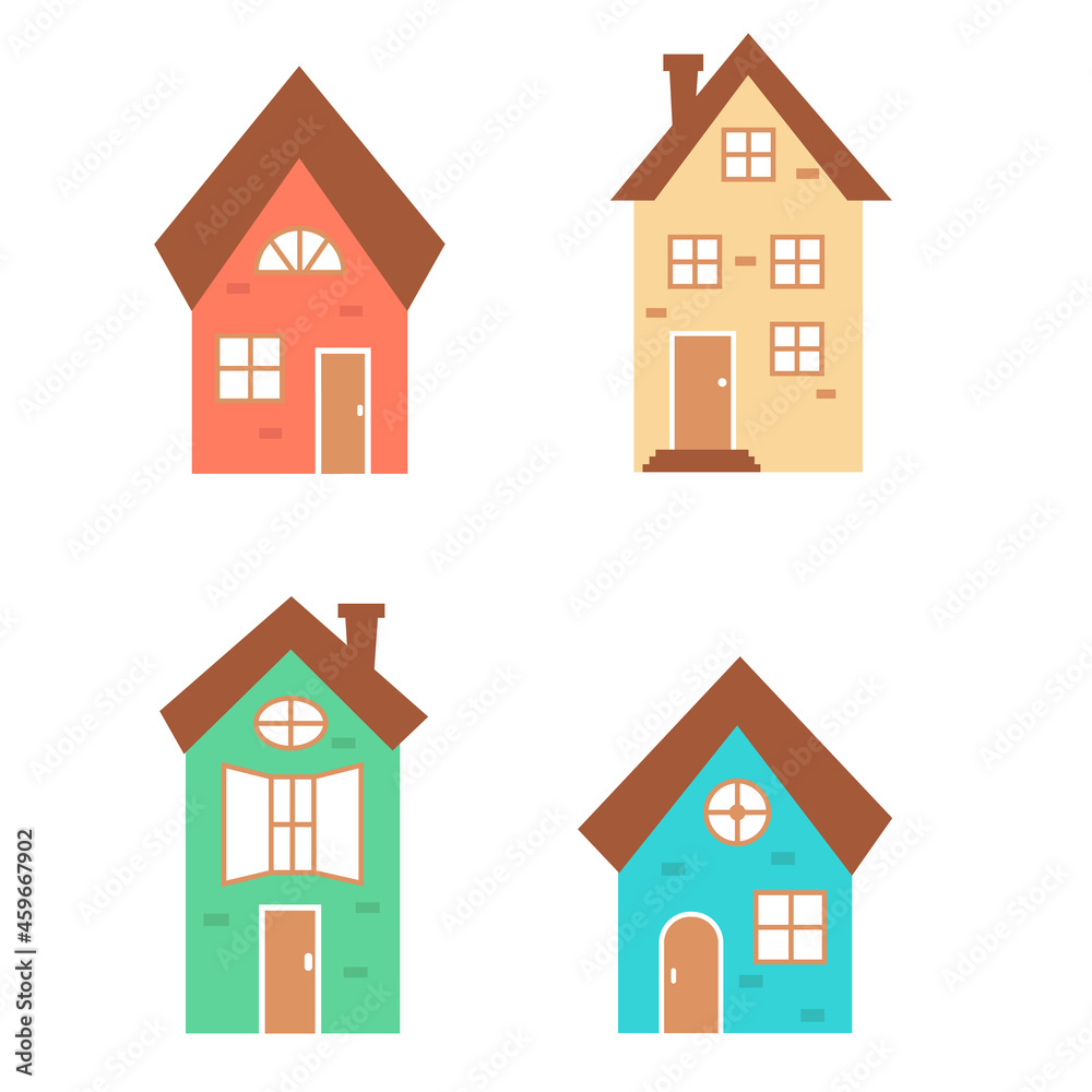 Set of cute colored houses. illustration on isolated white background.