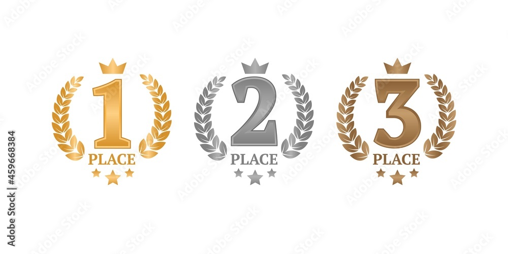 Vector set of emblems for awards. First, second, third places. Gold, silver, bronze awards. Awards with branches, crown, number and stars. - obrazy, fototapety, plakaty 