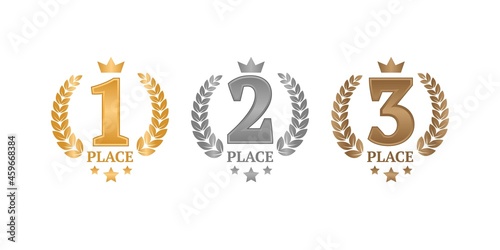 Vector set of emblems for awards. First, second, third places. Gold, silver, bronze awards. Awards with branches, crown, number and stars. photo