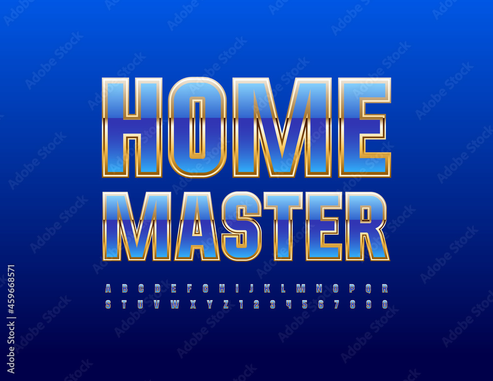 Fototapeta premium Vector stylish Sign Home Master. Blue and Golden Font. Bright Alphabet Letters and Numbers