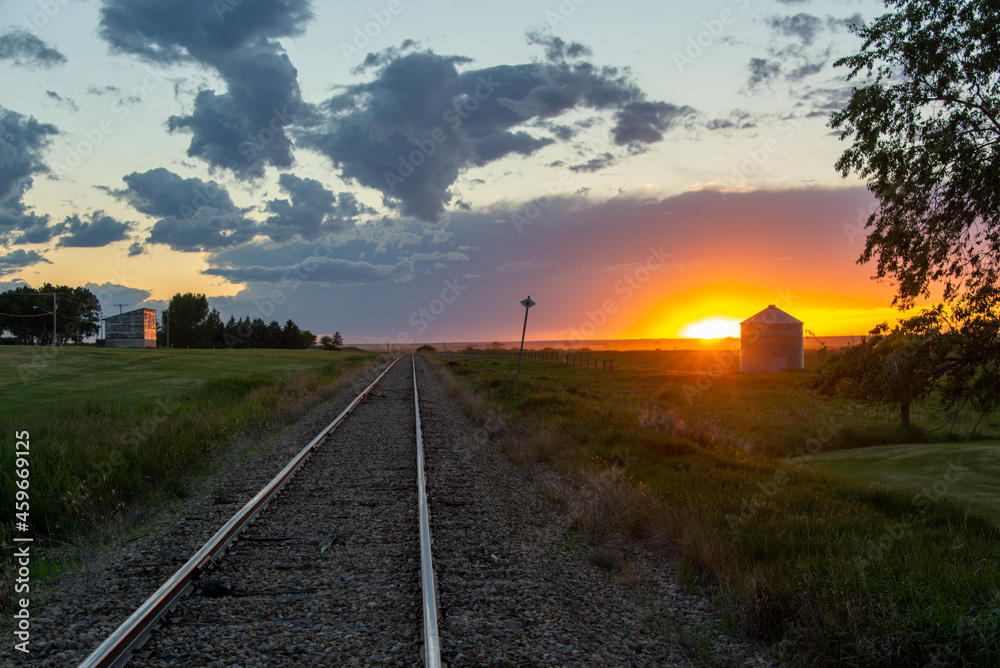 Railroad tracks at sunset in Saskatchewan