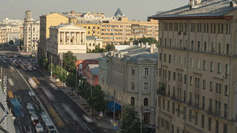 Time lapse. Cars are in a traffic jam on Tverskaya Street during the day. Very heavy car traffic at the end of the working day on Tverskaya street in Moscow Time lapse. Cars are in a traffic jam on Tverskaya Street during the day. Very heavy car traffic at the end of the working day on Tverskaya street in Moscow