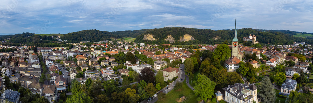 Aerial view of the old town of the city Burgdorf in Switzerland on a late afternoon in summer.