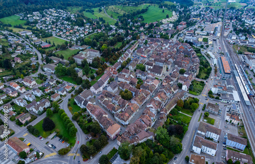 Aerial view of the old town of the city Zofingen in Switzerland on a late afternoon in summer