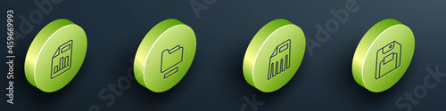 Set Isometric line Document with graph chart, folder, Paper shredder and Floppy disk icon. Vector