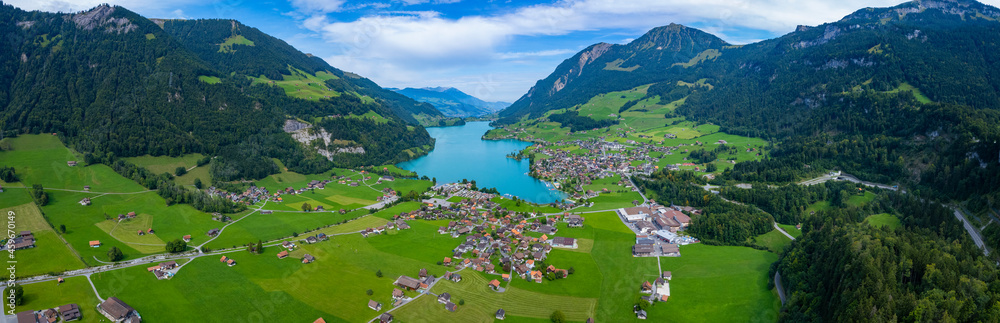 Aerial view around the city Lungern in Switzerland on a sunny day in summer.