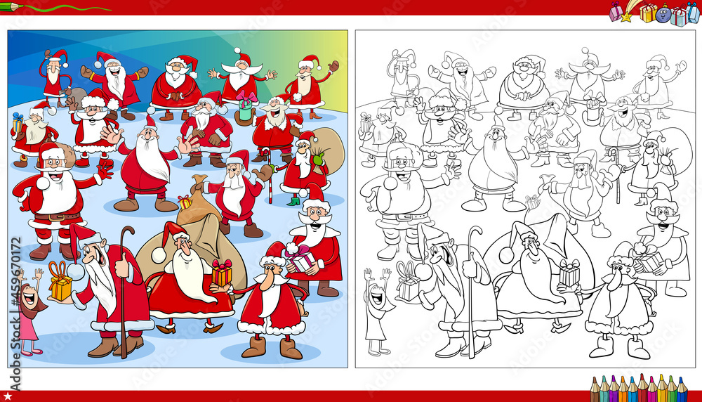 Santa Claus Christmas characters group coloring book page Santa Claus Christmas characters group coloring book page
