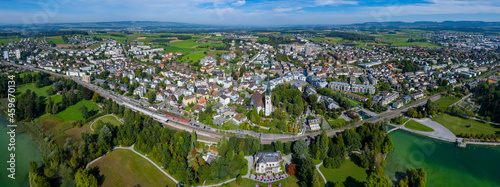 Aerial view around the old town of the city Cham in Switzerland on a sunny day in summer. photo