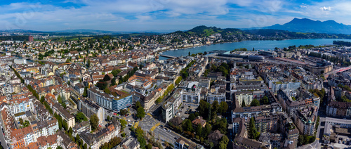 Aerial view around the old town of the city Lucerne in Switzerland on a sunny day in summer.