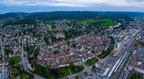 Aerial view around the old town of the city Zofingen in Switzerland on a late afternoon in summer.