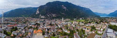 Aerial view around the old town of the city Interlaken in Switzerland on an afternoon in summer.
