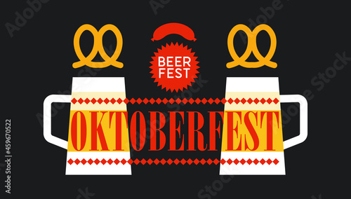 Oktoberfest. Vector poster, banner. Two mugs of beer and pretzels.