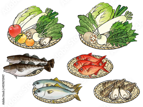 手描きの冬の食材（野菜、果物、魚介）セット　Winter Food Watercolor Vector Illustration