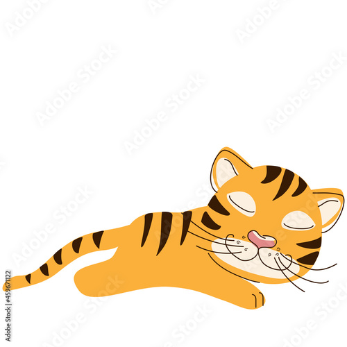 Cute striped orange tiger cub is sleeping, isolated on a white background. A symbol of the year in a hand-drawn style. Vector illustration
