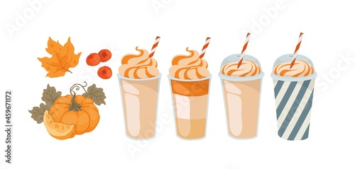 Pumpkin coffee. Milkshake, smoothie. Autumn menu. Takeaway coffee. Coffee to go. Isolated vector colorful element on a white background.