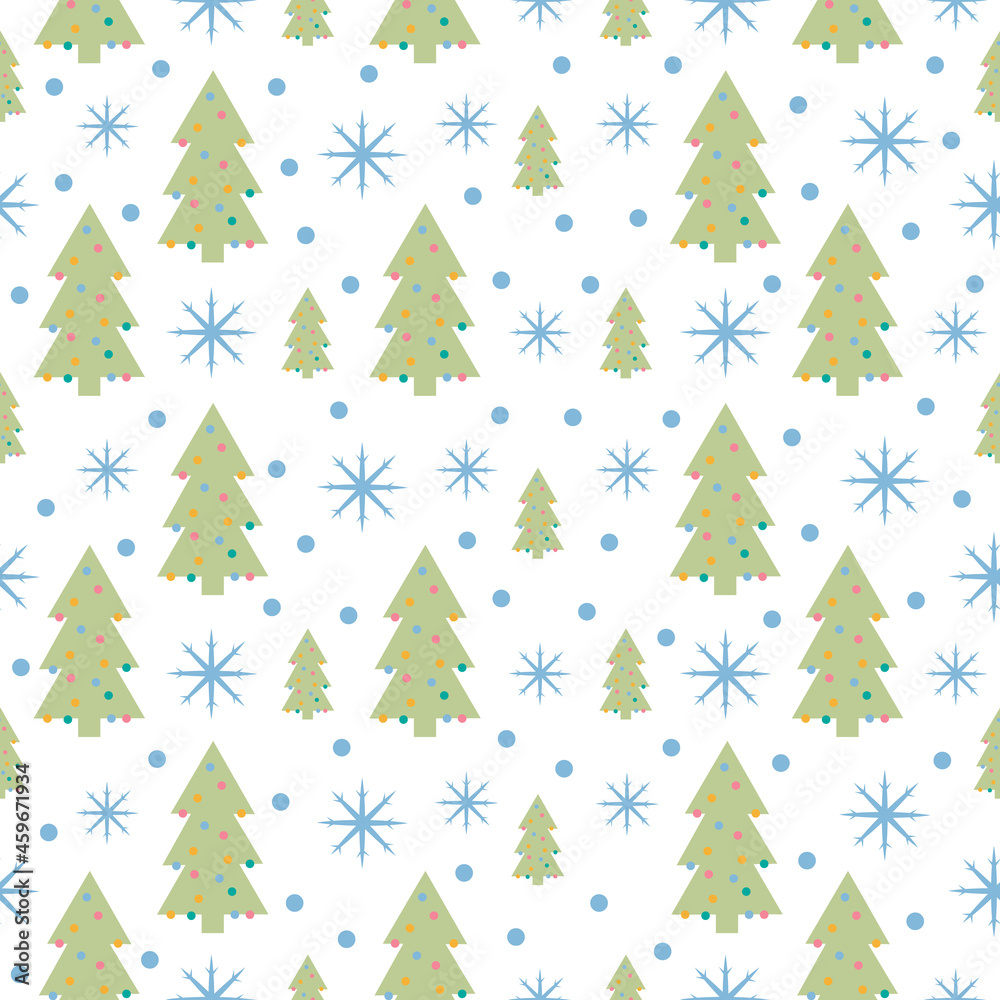 A bright New Year s seamless pattern in a cartoon style with the image of Christmas trees dressed up with toys and snowflakes. Christmas pattern for the print. Vector illustration