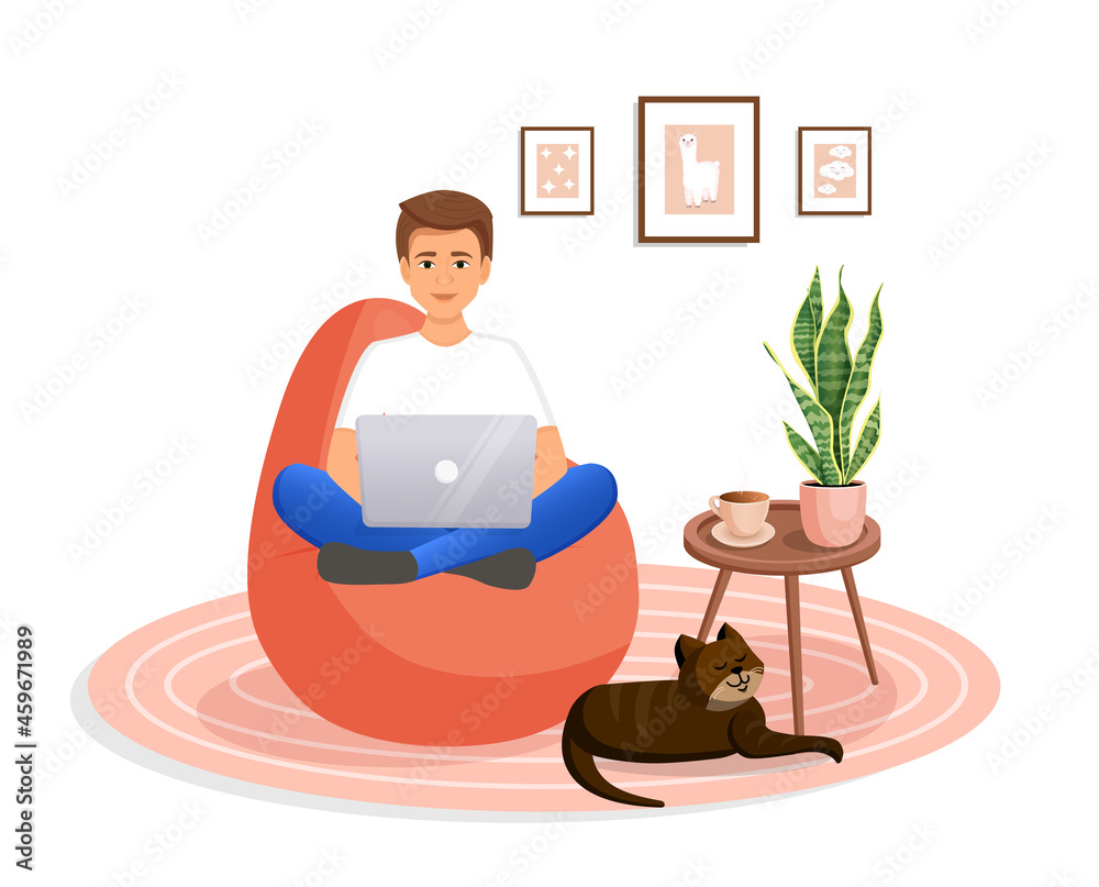 Man is sitting on a bean bag chair at home at a laptop computer. Remote work, office at home, programming, freelance. Study at home in quarantine. Vector illustration. Cozy interior with a cat.