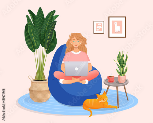 Woman is sitting on a bean bag chair at home at a laptop computer. Remote work, office at home, programming, freelance. Study at home in quarantine. Vector illustration. Cozy interior with a cat.