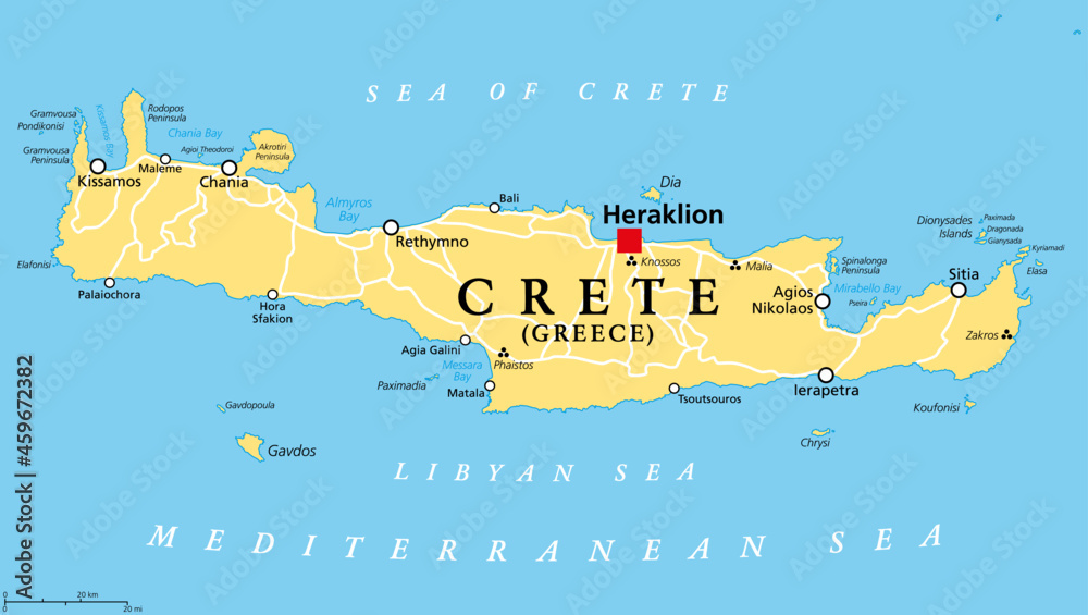 Crete, Greek island, political map, with capital Heraklion. Largest