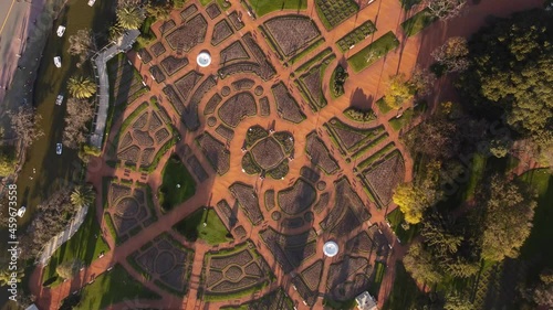 Geometric shapes in rosedal or rose garden,Tres de Febrero Park, Buenos Aires. Aerial top-down circling photo